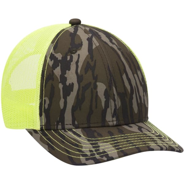 A camo baseball cap featuring shades of green and brown with a bright yellow mesh panel and a logo.