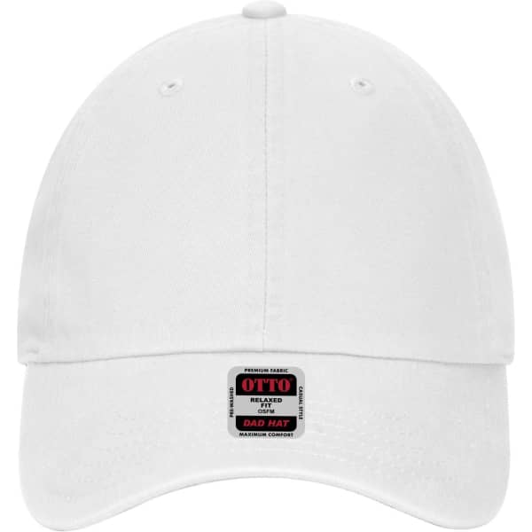 A white six-panel low profile dad cap with a logo on the front. It features ventilation eyelets and a curved brim.