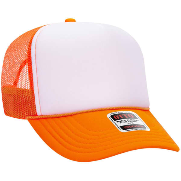 A high crown trucker cap featuring a white front panel and orange mesh back. It includes a logo on the front.