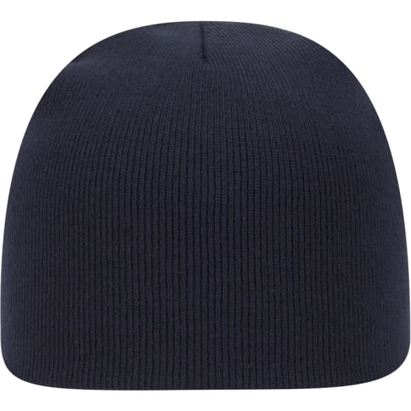 A classic knit beanie in navy blue with a smooth, ribbed texture and a round top, featuring a logo.