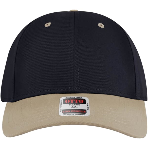 A navy and beige 6-panel low profile baseball cap with a logo on the front.