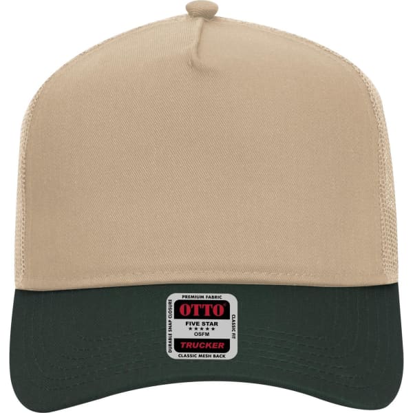 A 5-panel mid-profile trucker cap in beige with a dark green visor and a branding label on the front.