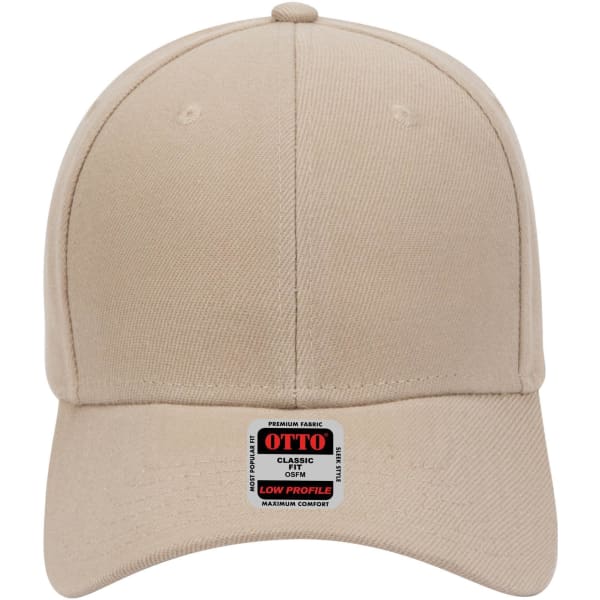 A beige 6 panel low profile baseball cap with a logo on the front.
