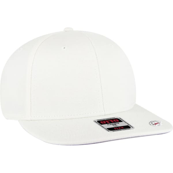 A white 6 panel mid-profile style baseball cap with a logo on the front and a flat brim.