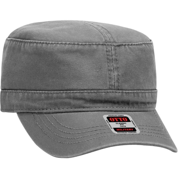 A grey military hat featuring a structured crown and a straight brim, with a logo on the side.