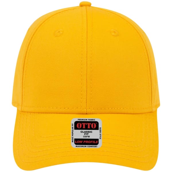 A yellow 6 panel low-profile baseball cap featuring a logo on the front.