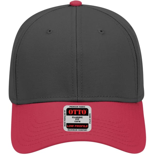 A grey and red 6 panel low profile baseball cap with a branding label on the side.