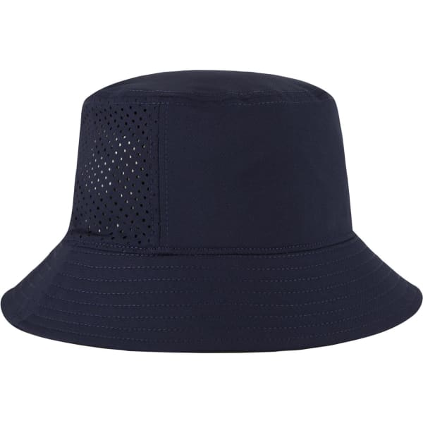 A navy bucket hat with a perforated panel and a wide brim, featuring a logo on the side.