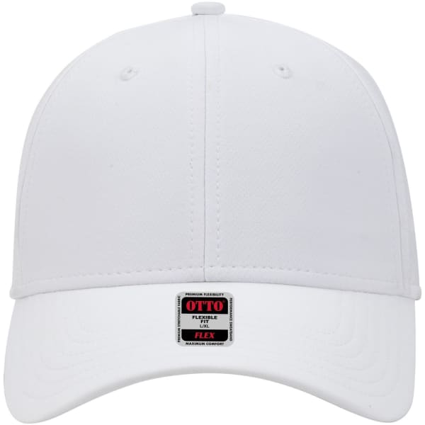 A white baseball cap with a low profile design and a logo on the front, featuring six panels for a structured look.