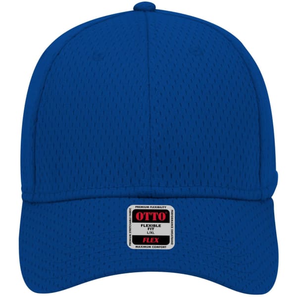 A blue 6 panel low profile baseball cap featuring a logo and a flexible fit design.