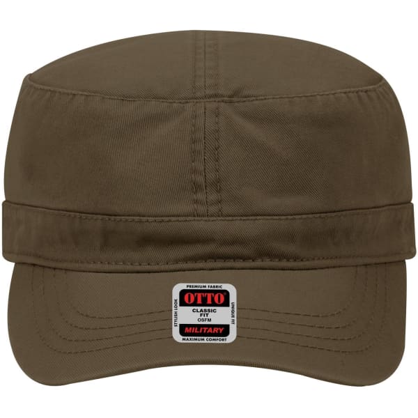 A military-style hat in olive green with a flat brim and a band around the crown, featuring a logo.