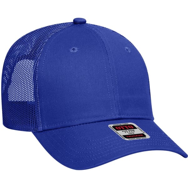 A blue 6 panel low profile trucker cap with a mesh back and a branding label on the front.