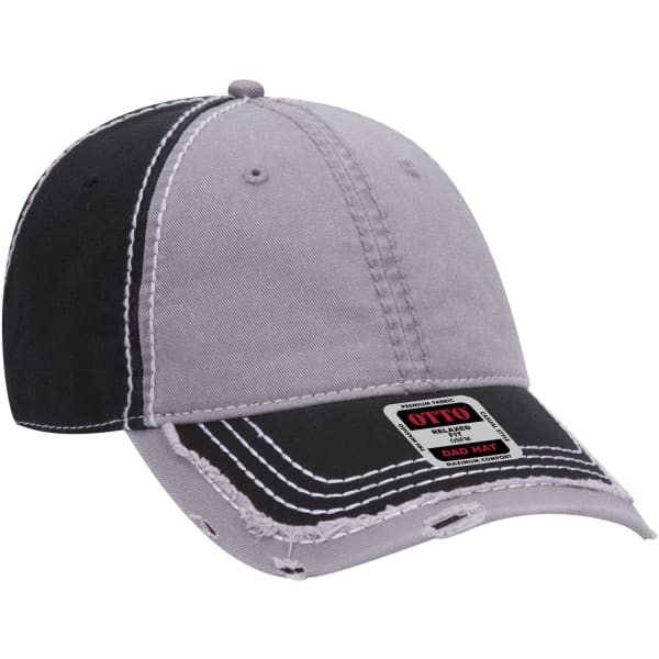 A grey and black 6 Panel Low Profile Dad Cap featuring contrasting stitching and a logo.