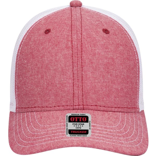 A red and white 6 panel low profile trucker cap with a mesh back and a logo on the front.