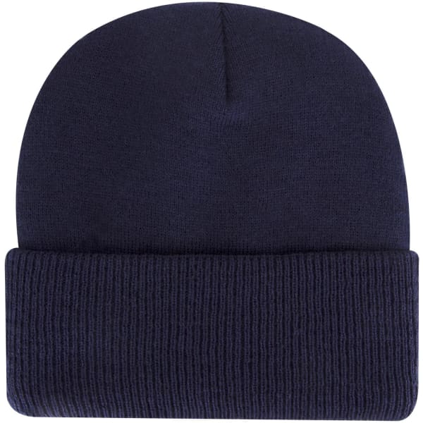 A navy blue classic knit beanie with a fold-over cuff and a logo on the side.