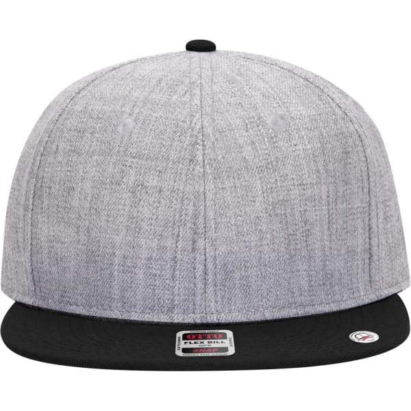 A grey and black 6-panel mid-profile snapback cap featuring a grey fabric crown and a black visor.