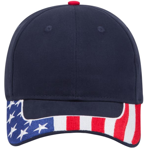 A navy blue 6 panel low profile baseball cap with a red, white, and blue striped band featuring a logo.