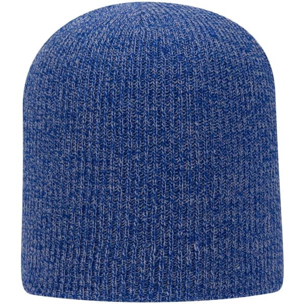 A blue rib knit beanie featuring a snug fit and a textured pattern, complete with a branding logo.