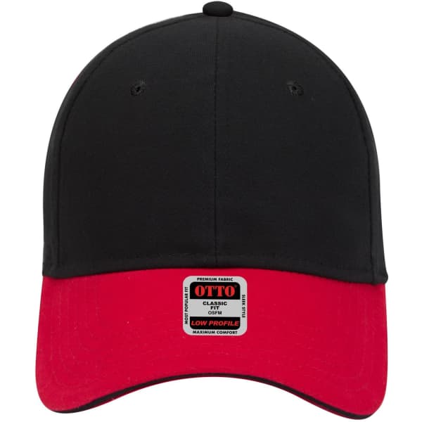 A black and red 6 panel low profile baseball cap with a logo tag on the front.