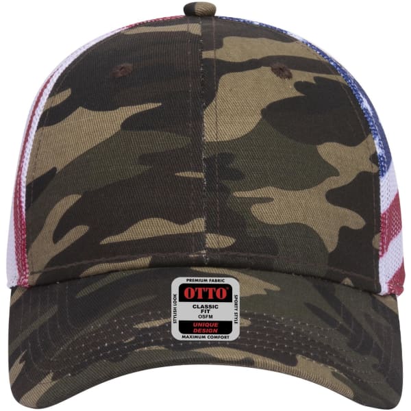 A camouflage low profile trucker cap with a mesh back and a logo label at the front.