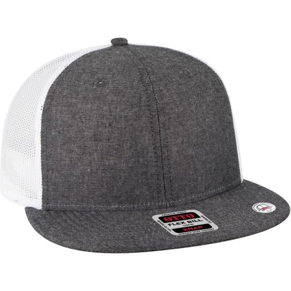 A grey trucker cap with a white mesh back and a branded patch on the side.