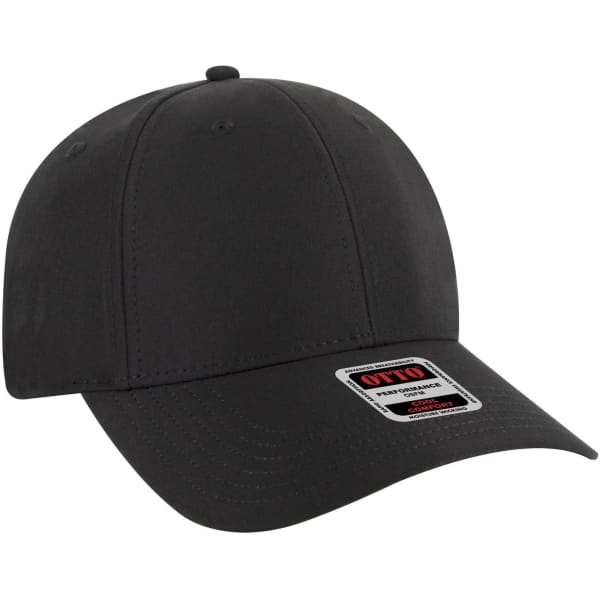 A black 6 panel low profile style baseball cap with a logo on the front.