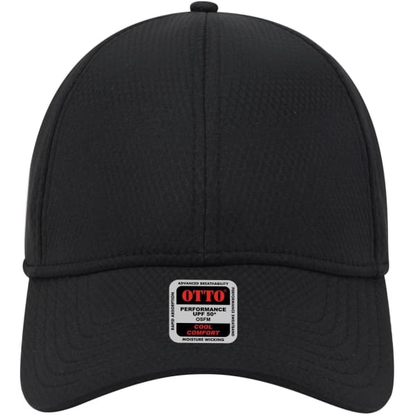 A black six-panel low profile baseball cap with a branded label on the front.