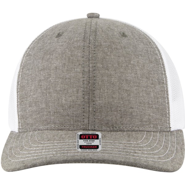A grey and white 6 panel mid profile trucker cap with a mesh back and an adjustable snap closure.