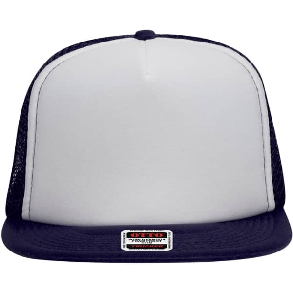 A 5 panel high crown trucker cap in white and navy, featuring a logo on the front and mesh panels on the sides.