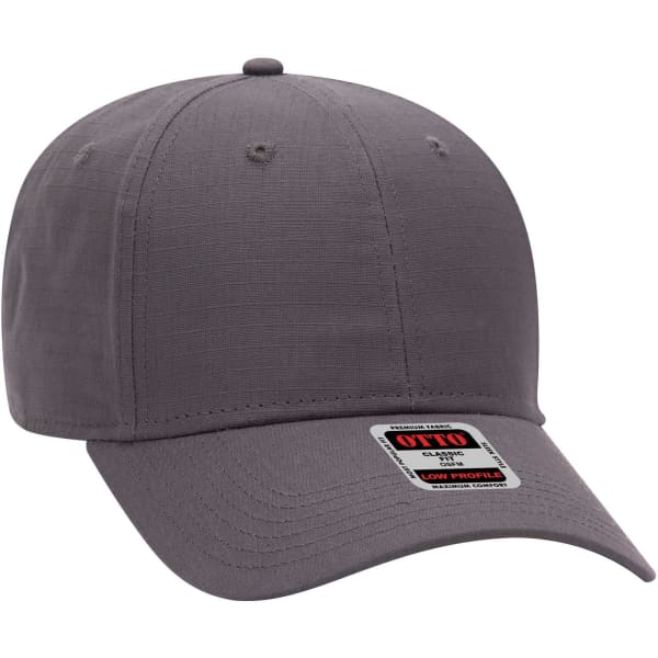 A grey 6 panel low profile baseball cap with a small logo on the front.