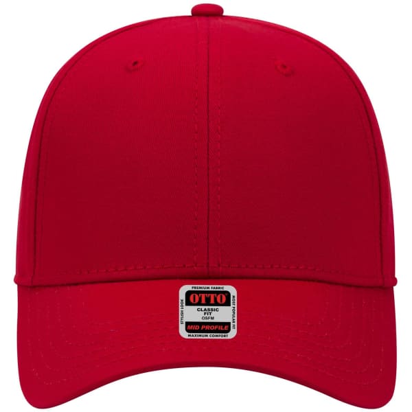 A red mid-profile baseball cap with a branded label on the front.