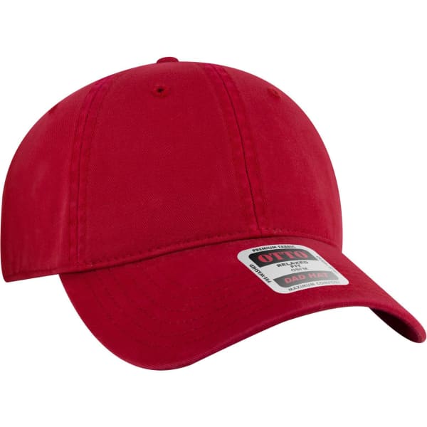 A red 6 panel low profile dad cap with a curved brim and a logo on the front.