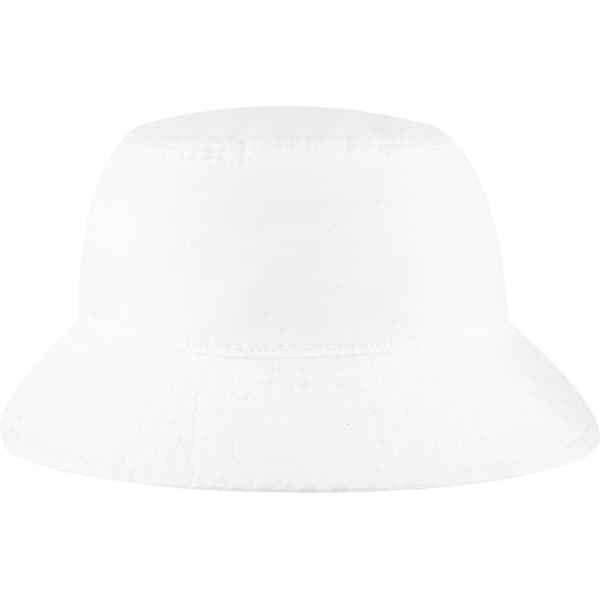 A white bucket hat with a wide brim and a simple design. It features a logo on the side.