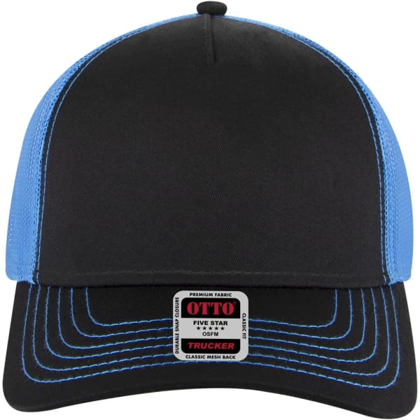 A 5-panel low profile trucker cap in black with blue accents and a mesh back, featuring a logo on the front.