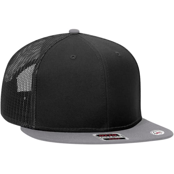 A black and grey 6 Panel Mid Profile Trucker Cap with a mesh back and a logo on the front.