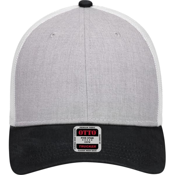 A grey and black 6 panel low profile trucker cap featuring a logo and a curved brim.