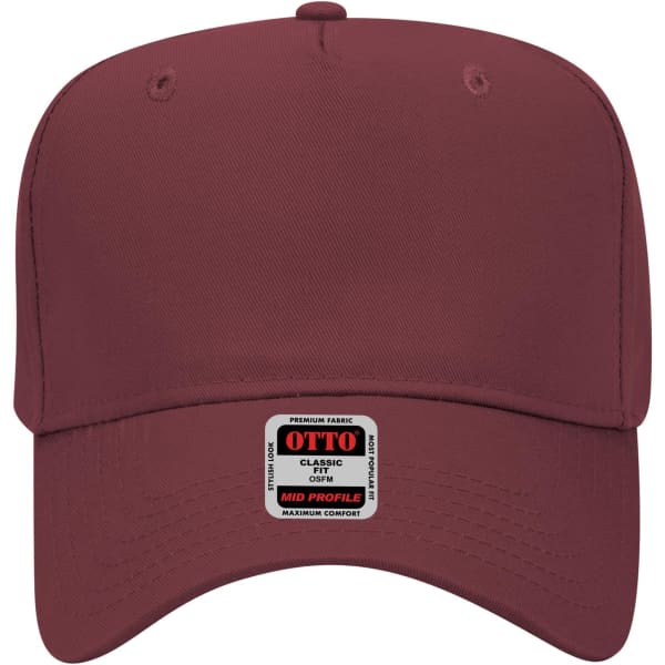 A maroon 5 panel mid crown baseball cap featuring a logo on the front and a structured design.