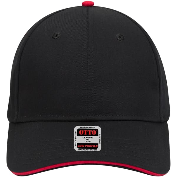 A black low profile baseball cap with a red underside and a label logo on the front.
