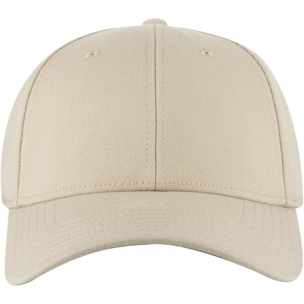 A beige six-panel low profile baseball cap with a logo on the front.