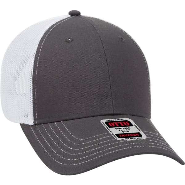 A grey and white 6-panel low profile trucker cap with a mesh back and a branded label on the front.