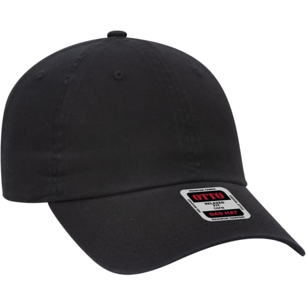 A black 6 panel low profile dad cap with a branded tag. The cap features a rounded crown and a curved brim.