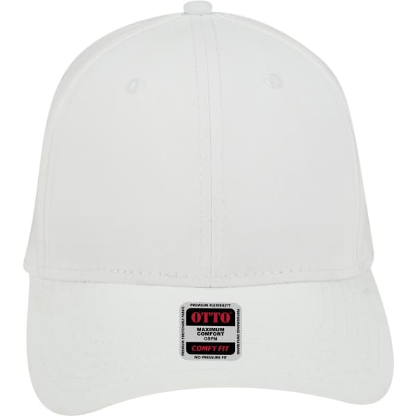 A white low profile baseball cap featuring six panels and a branding label on the front.