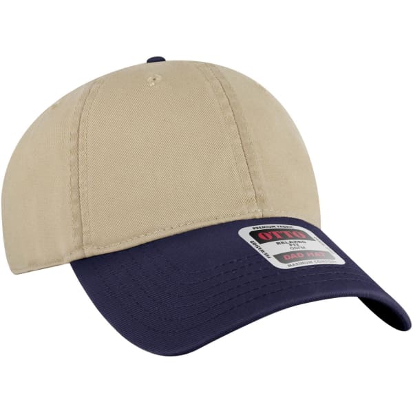 A beige and navy 6 panel low profile dad cap with a logo on the front.