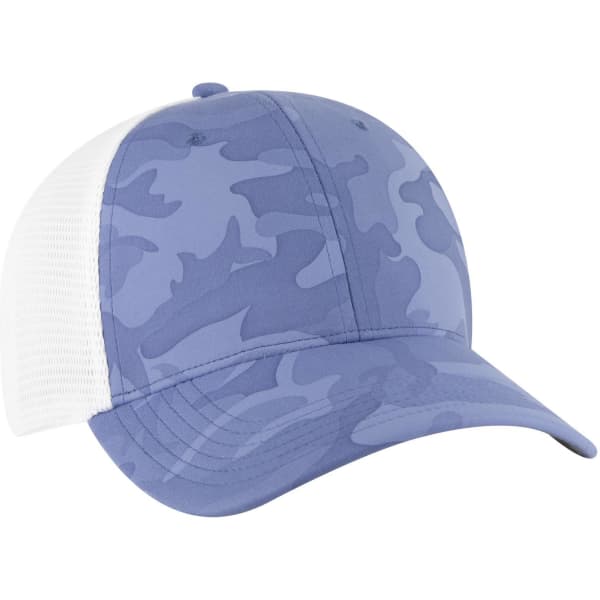 A low-profile trucker cap in light blue camouflage with a white mesh back and a logo.