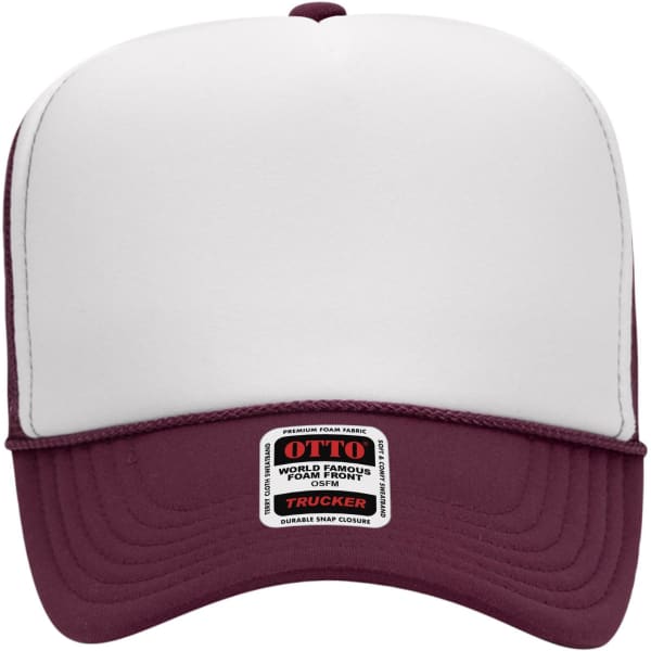 A five-panel high crown trucker cap in maroon and white, featuring a logo on the front.