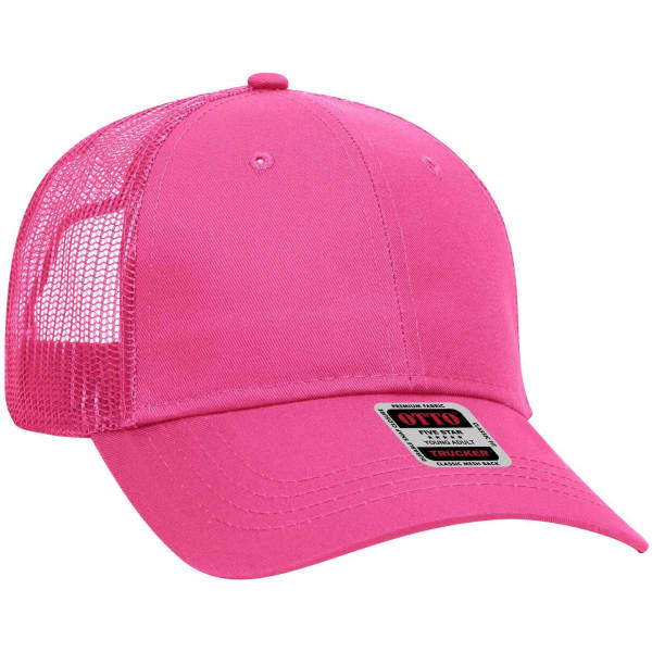 A pink 6 Panel Low Profile Trucker Cap with a mesh back and a logo on the front.