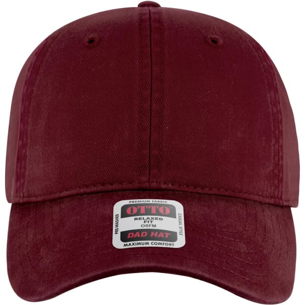 A maroon 6 Panel Low Profile Dad Cap with a curved brim and a label on the side.