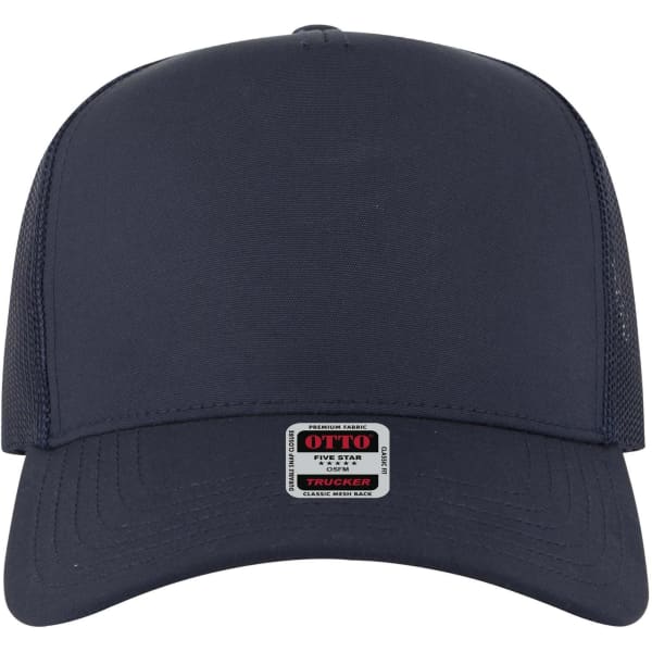 A navy 5 panel mid profile trucker cap featuring a mesh back and a branded label on the front.