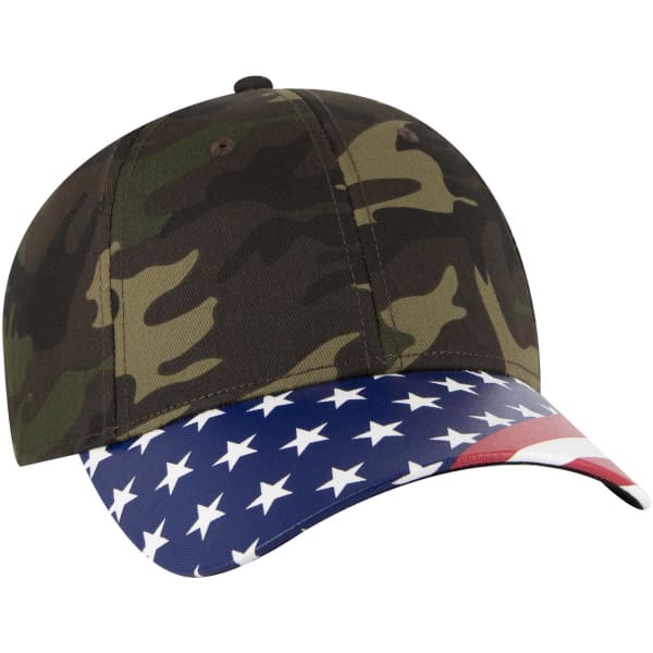 A camo baseball cap featuring a stars and stripes patterned brim and a logo.