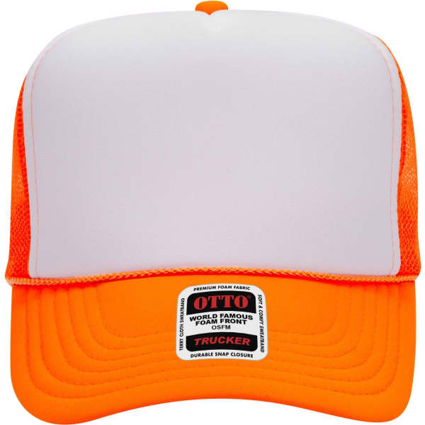 A high crown trucker cap featuring a white front and orange mesh sides, equipped with a brand logo.